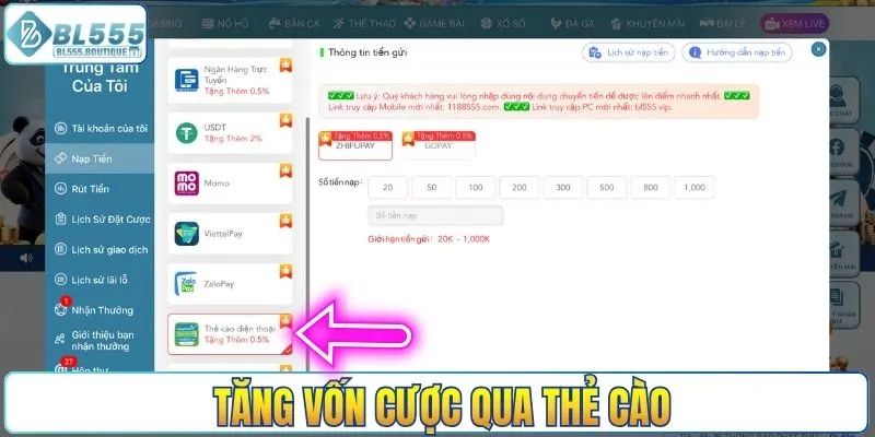 Tăng vốn cược qua thẻ cào